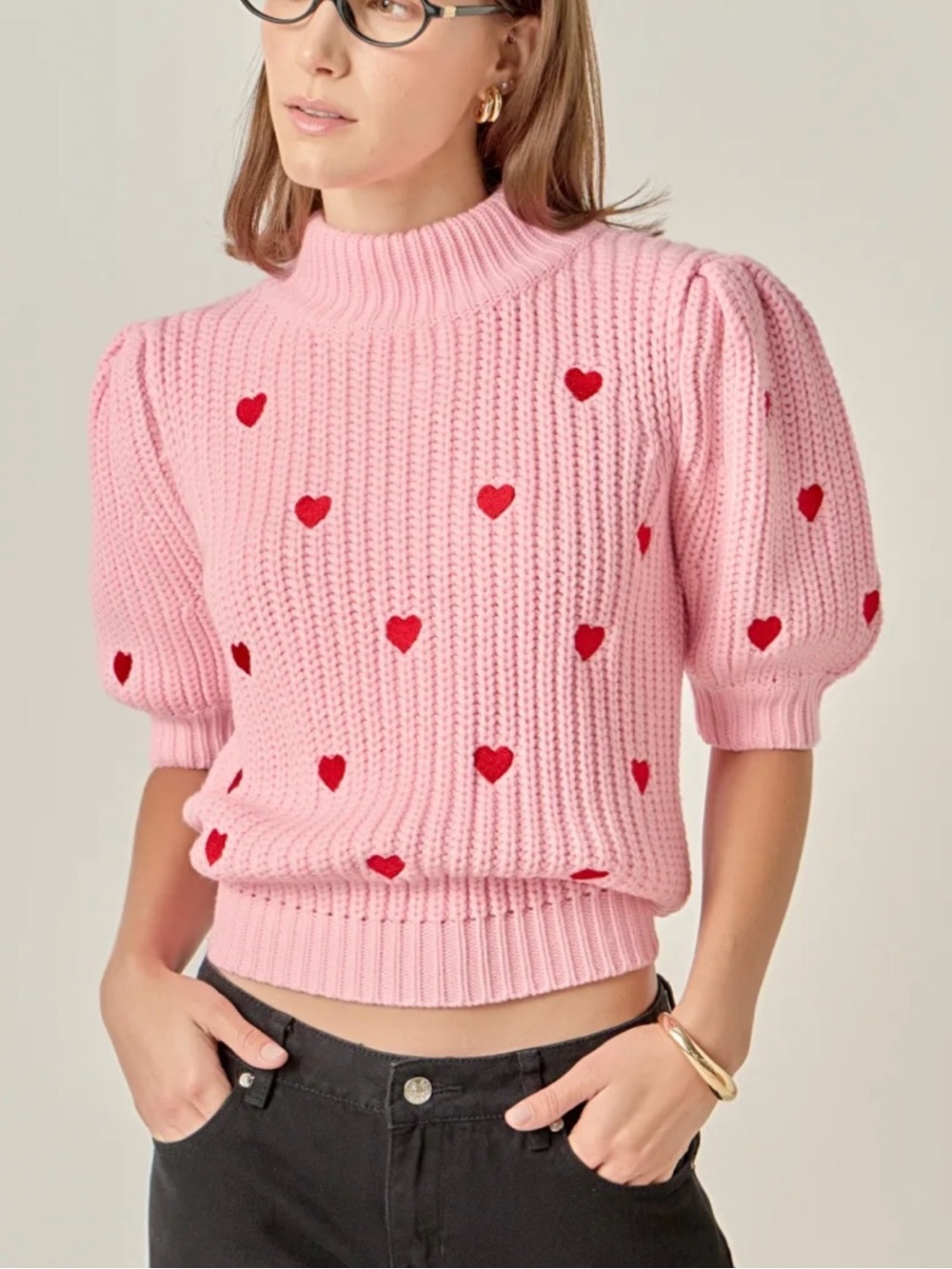 English Factory Pink Knit Sweater with Red Heart Embroidery